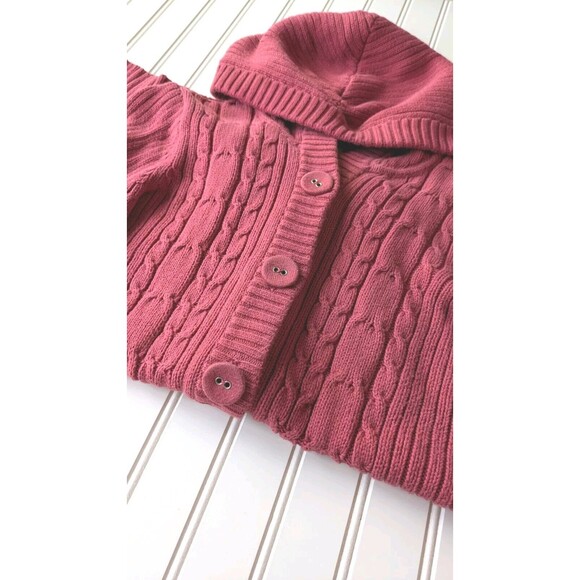 Bass Women's Cardigan Size Medium Hooded Button Up Cable Knit Long Raspberry - Picture 6 of 12